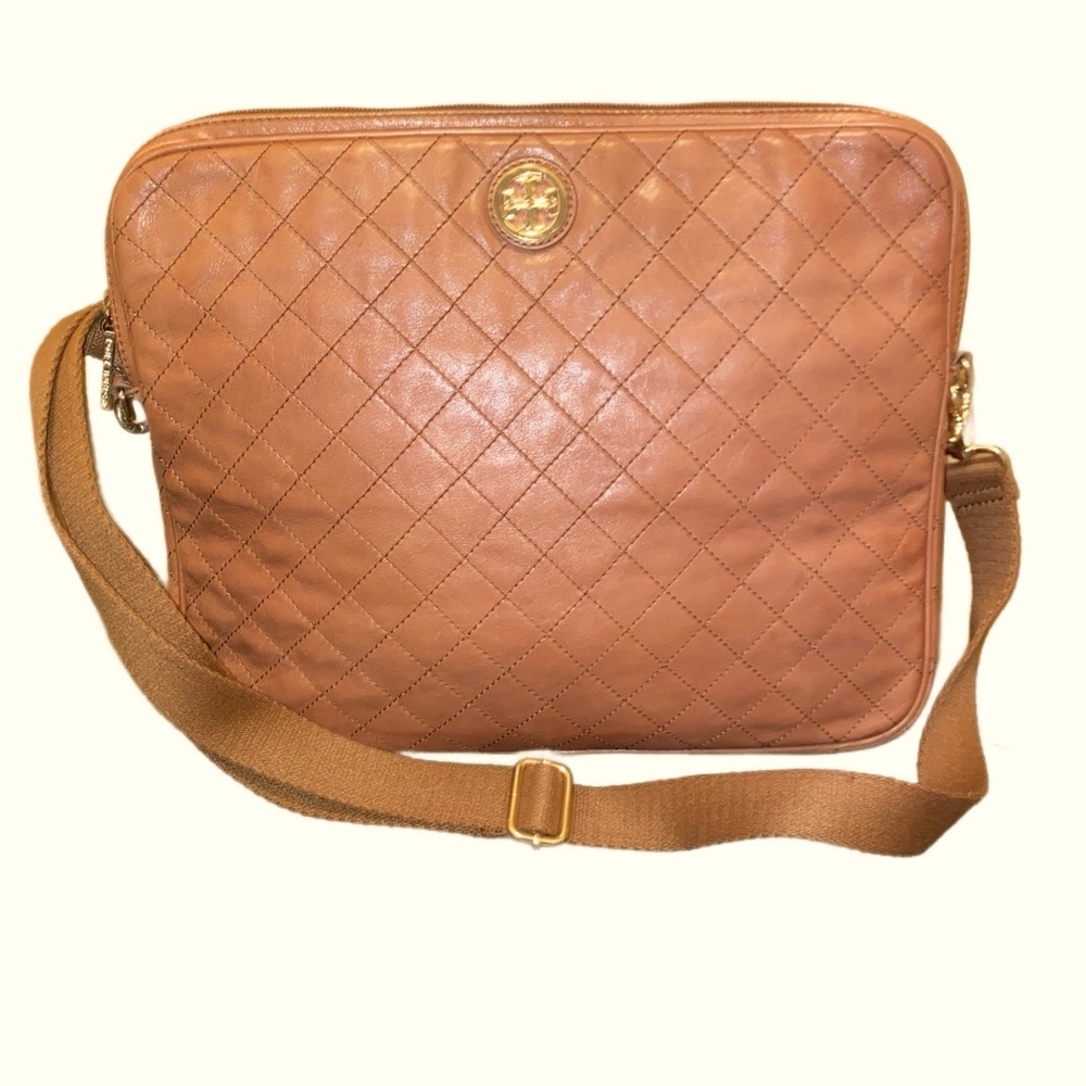 Tory Burch Tan Quilted Leather Crossbody Bag with Gold Emblem
